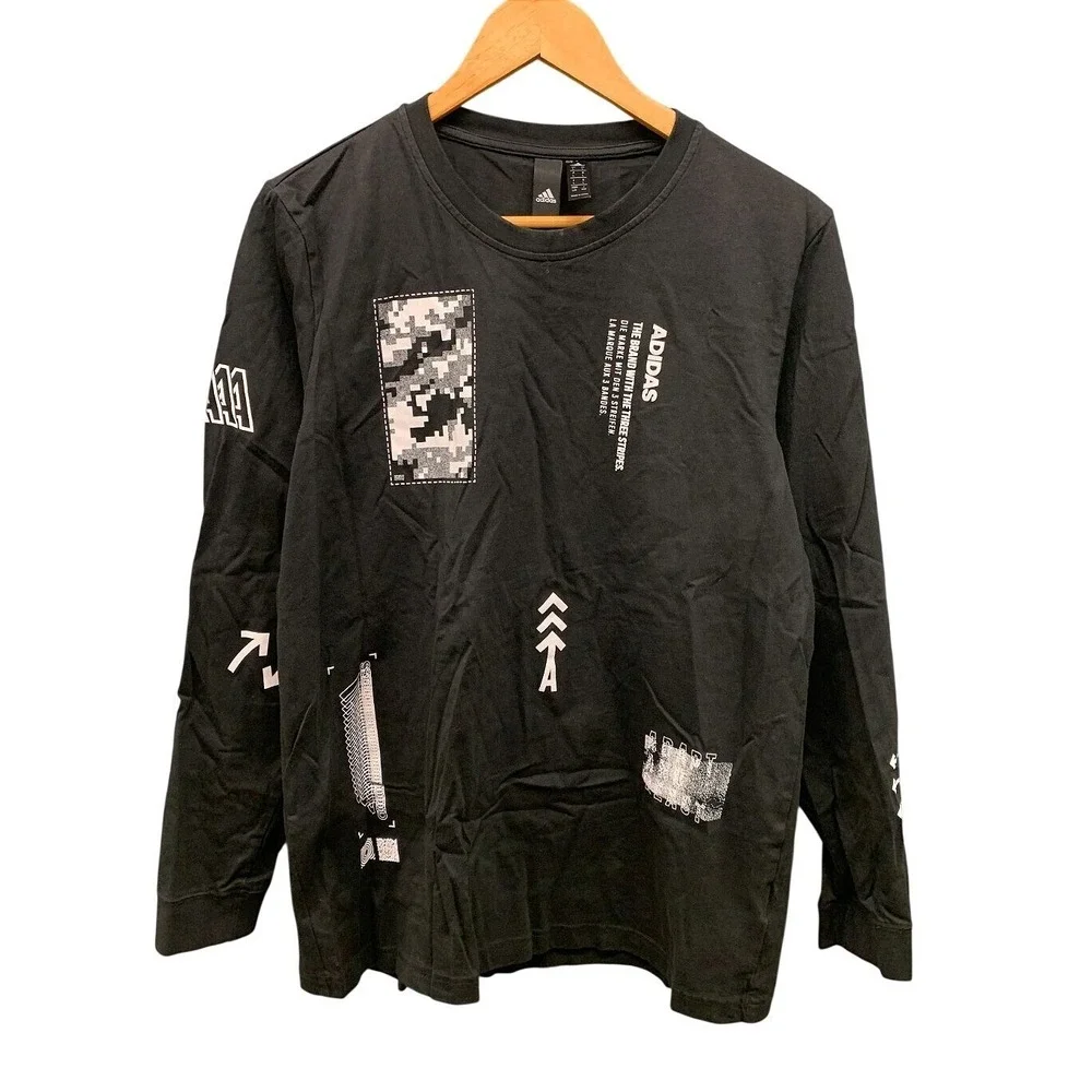 Adidas Graphic Multi Patch Long Sleeve T-Shirt Mens L Black Streetwear Crewneck